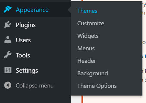 The Appearance menu with the Themes item selected in the fly-out submenu.